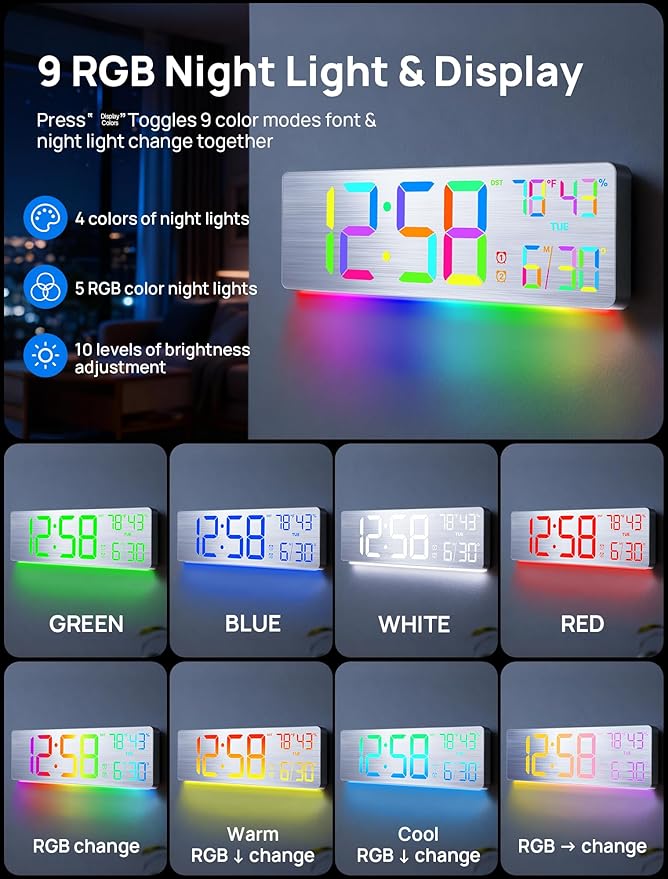 MASHI 18.5" Large Digital Wall Clock with Remote Control, Dual Alarm with Big LED Screen Dispaly,10 Adjustable Brightness, DST, Date Week,Temp for Living Room, Bedroom, Gift for Elderly (Silver)