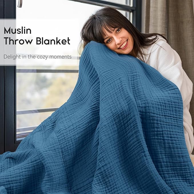 Yoofoss Muslin Blanket 100% Organic Cotton Throw Large 50" x 60" for Bed Couch Summer Gauze Blanket for Adults Lightweight and Breathable Dark Blue