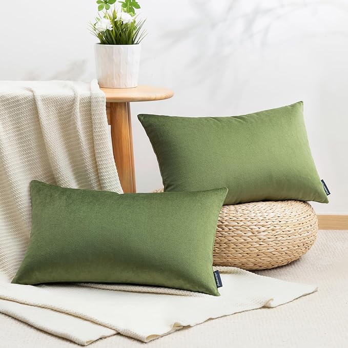 Phantoscope Pack of 2 Velvet Decorative Throw Decorative Pillow Cover Soft Solid Square Cushion Case for Couch Olive Green 12 x 20 inches 30 x 50 cm