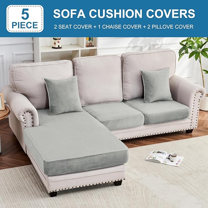 Couch Cover 3-Piece Elastic Velvet Couch Cushion Covers & Chaise Slipcovers for L-Shaped Sofas, Sofa Seat Covers Washable, Soft Cover for Couches (2 Seater + Chaise, Light Grey)