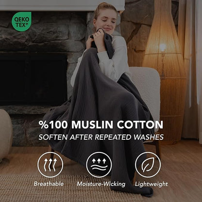 Goqan Muslin Blanket Queen 79x90 – 100% Turkish Cotton 4 Layer Boho Muslin Blanket for Adults, Four Season, Lightweight and Thin, Soft, Breathable for Bed - Dark Grey