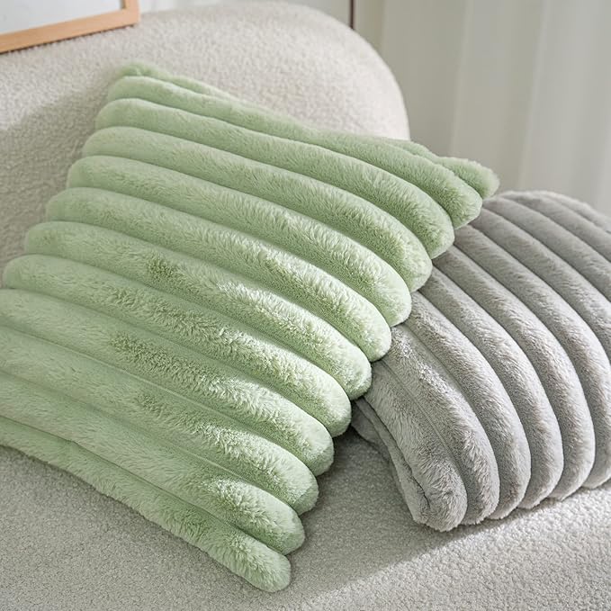 DEELAND Pack of 2,Double-Sided Faux Fur Plush Decorative Throw Pillow Covers Fuzzy Striped Soft Pillowcase Cushion Covers for Sofa Couch Bedroom Lightgrey 18x18 inch