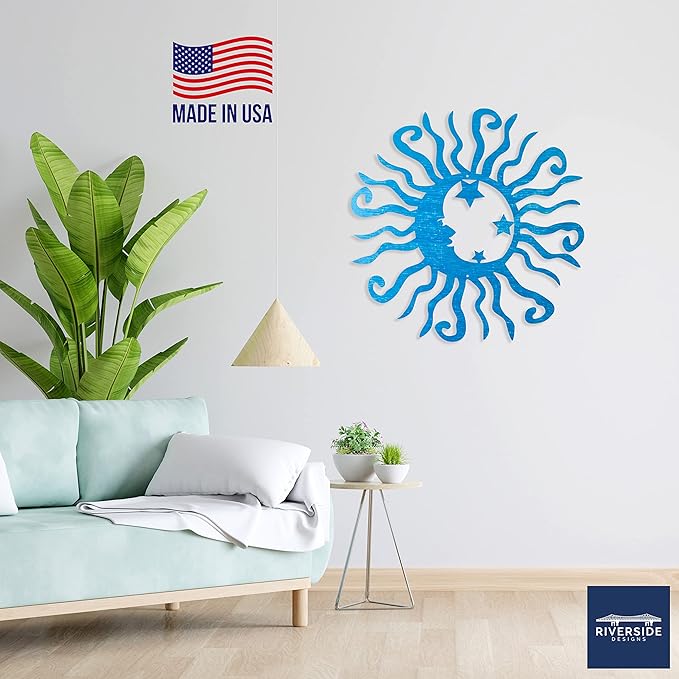 Riverside Designs Wacky Solar Moon Metal Wall Art Steel Outdoor Decor | Heavy-Duty and Waterproof | Made in USA (Teal, 30L x 30W)