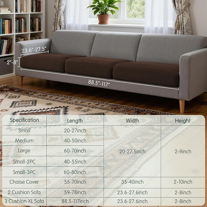 CHUN YI 3 Piece Couch Cushion Covers for XL-Sofa Seat Slipcovers Suitable with Spandex Jacquard Washable Fabric (3 Piece XL-Sofa Cushion Covers, Chocolate)