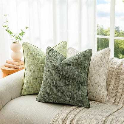 A Moment Christmas Dark Green Reversible Pillow Covers 2 Pack - Farmhouse Chenille Throw Pillows, Neutral Textured Decorative Throw Pillow Covers with Border for Couch Sofa Bed (18x18 Inch, No Insert)