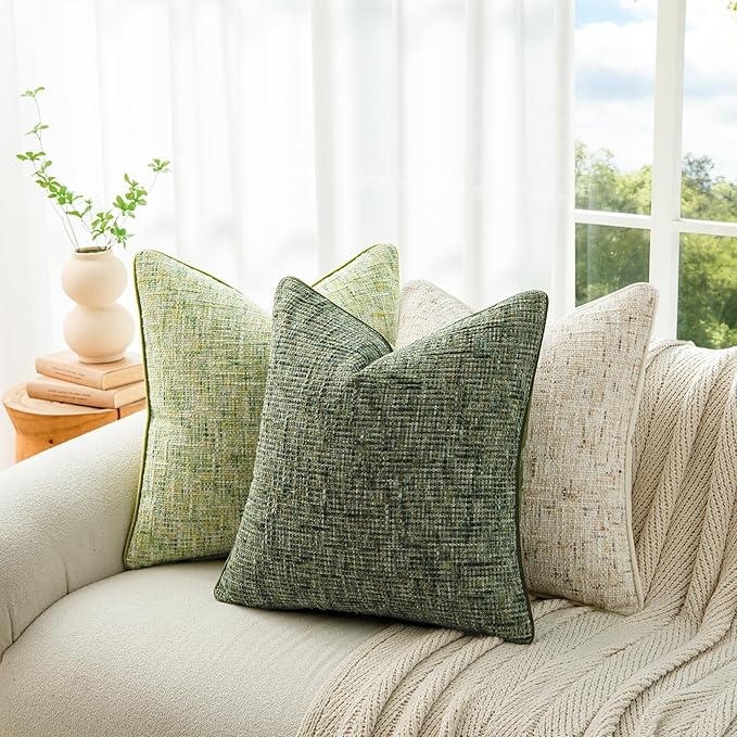 A Moment Christmas Dark Green Reversible Pillow Covers 2 Pack - Farmhouse Chenille Throw Pillows, Neutral Textured Decorative Throw Pillow Covers with Border for Couch Sofa Bed (20x20 Inch, No Insert)