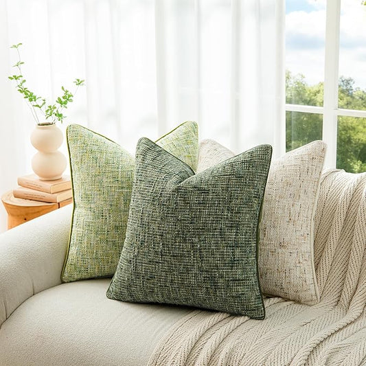 A Moment Christmas Dark Green Reversible Pillow Covers 2 Pack - Farmhouse Chenille Throw Pillows, Neutral Textured Decorative Throw Pillow Covers with Border for Couch Sofa Bed (20x20 Inch, No Insert)