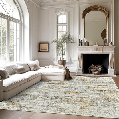 Washable Area Rug 8x10, Large Soft Abstract Rugs for Living Room Vintage 8x10 Area Rugs for Bedroom Dining Room Non-Slip Stain Resistant Under Table Gray Rust Rug