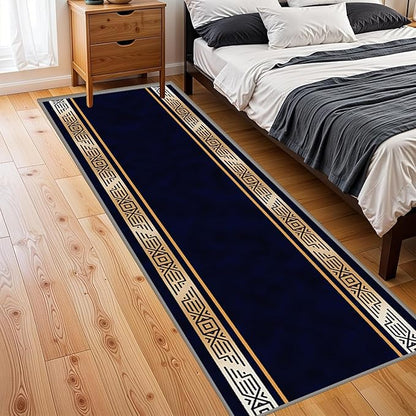 Abstract Navy Blue Runner for Entryway, 3.3x7ft, Retro Luxury Gold Geometric Border Living Room Rug, Print Fade Resistant Absorbent Dirty Resistant Long Indoor Rugs for Bedside Sofa