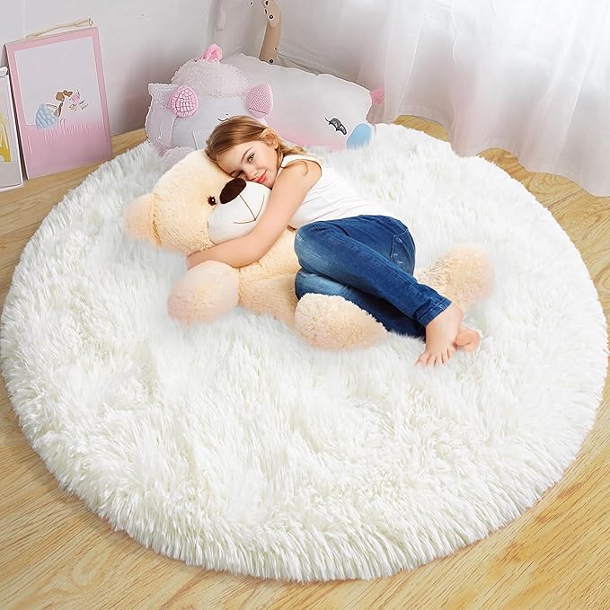 Round Fluffy Rugs 4Ft for Girls Bedroom, Cream White Shag Circle Kids Rug Non-Slip for Bedside Dorm Nursery Playroom, Soft Cute Area Rugs for Living Room Decor