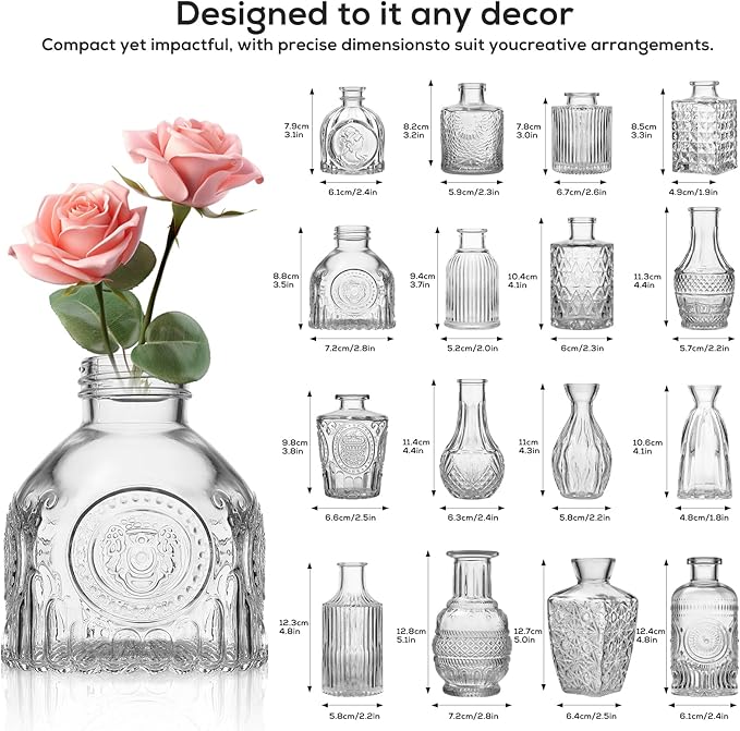 Glass Bud Vases Set of 16 - Small Clear Mini Flower Vases for Wedding Centerpieces, Bulk Vintage Table Decor, Home, Party & Floral Arrangements