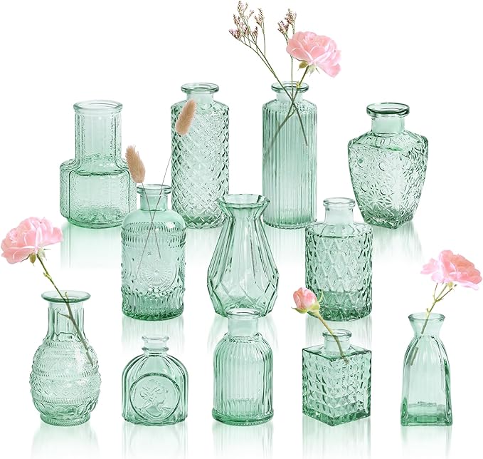 Aqua Green Glass Bud Vase Set of 12, Vintage Mini Flower Vases for Centerpieces, Wedding Table, Assorted Textured Small Glass Vase Bulk for Baby Shower, Bridal Shower, Parties, Home Decor
