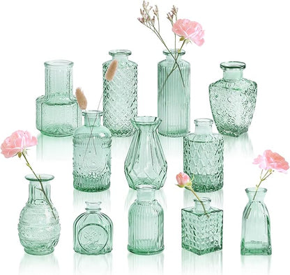Aqua Green Glass Bud Vase Set of 12, Vintage Mini Flower Vases for Centerpieces, Wedding Table, Assorted Textured Small Glass Vase Bulk for Baby Shower, Bridal Shower, Parties, Home Decor