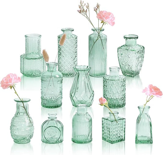 Aqua Green Glass Bud Vase Set of 12, Vintage Mini Flower Vases for Centerpieces, Wedding Table, Assorted Textured Small Glass Vase Bulk for Baby Shower, Bridal Shower, Parties, Home Decor