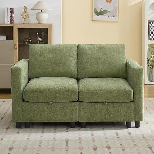 58”Modular Sectional Loveseat Sofa, Modern Love Seat 2 Seater Sofa Couch with Storage, Chenille Modular Sectional Couch for Living Room, Bedroom, Office, Small Apartment, Green