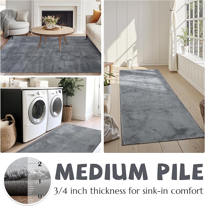jinchan Solid Plush Runner Rug 2x6 Performance Shaggy Washable Hallway Rug Soft Modern Faux Wool Cozy Non Slip Carpet for Bedroom Laundry Room Living Room Kids Nursery Grey