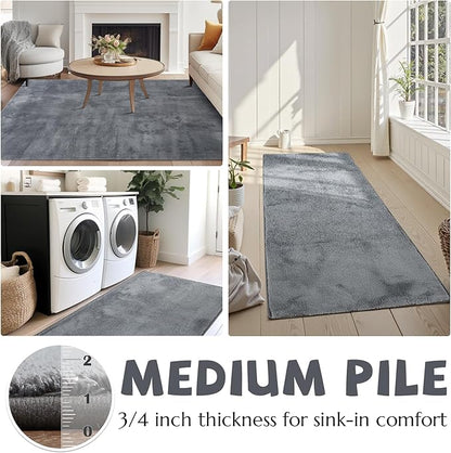 jinchan Solid Plush Runner Rug 2x6 Performance Shaggy Washable Hallway Rug Soft Modern Faux Wool Cozy Non Slip Carpet for Bedroom Laundry Room Living Room Kids Nursery Grey