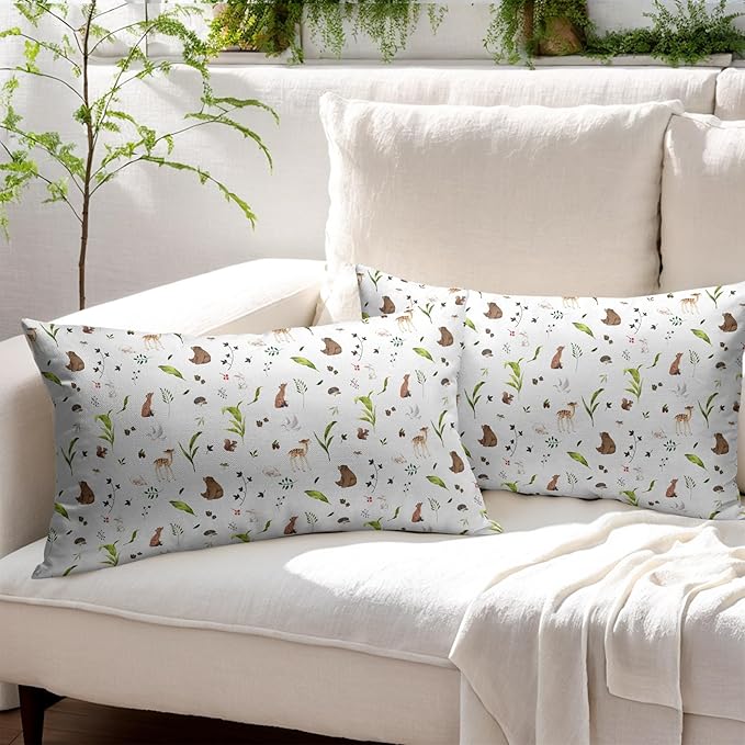 Neutral Spring Pillow Covers 12x20 Set of 2 Forest Throw Pillow Covers Rustic Pillowcase Linen Decoration Farmhouse Soft Decorative Plants Animals Cushion Case Couch for Indoor Outdoor Home Decor