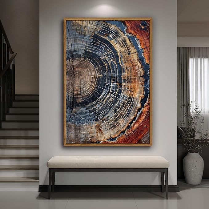 IBHJSART Framed Tree Ring Canvas Wall Art Vintage Colorful Wood Stump Painting Prints Modern Minimalist Pictures Neutral Nature Rustic Farmhouse Decor Living Room Bedroom Bathroom Office
