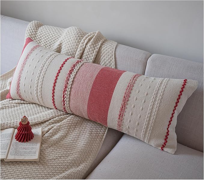 Valentines Lumbar Pillow Covers 14x36 Inch Long, Red Textured Boho Valentines Day Decoration Pillow Cases for Farmhouse Home Decor, Accent Cushion Cover for Sofa, Bed, Living Room, Bedroom, Pack of 1