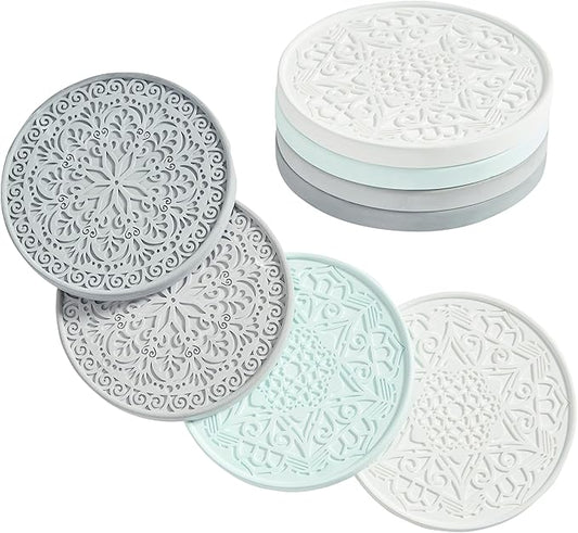 Absorbent Stone Coasters Set of 4 – Edged, Grooved, Quick-Drying Natural Diatomaceous Earth - Decor Drink Coaster for Tabletop Protection - Thirsty Stone Round 4 Inches in 4 Colors – Gift