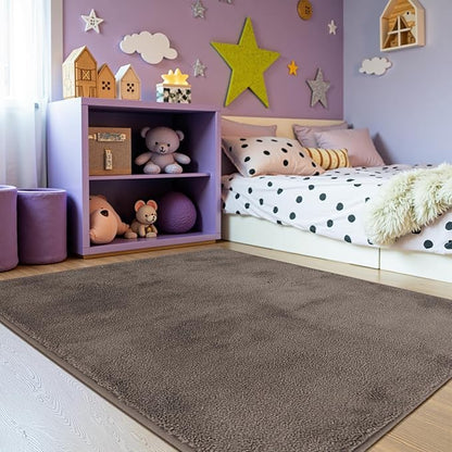 jinchan Solid Plush Area Rug 4x6 Performance Shaggy Washable Rug Indoor Soft Modern Faux Wool Cozy Non Slip Carpet for Living Room Kids Room Bedroom Dining Room Nursery Brown