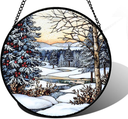 Stained Glass Window Hanging, Winter Snow Landscape Suncatcher Diamond Glass Panel Sun Catchers Decor for Birthday for Women, Men, Wife, Aunt, and Mom 7.8 in