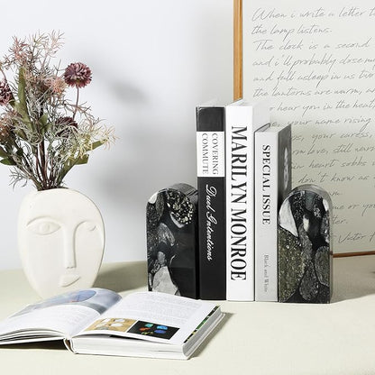 Koville Luxury Marble Bookends for Shelves, Decorative Stone Book Ends, 7lbs Heavy-Duty Marble Book Holders, Bookshelf Apartment Decor for Normal Books/CD/Video Games