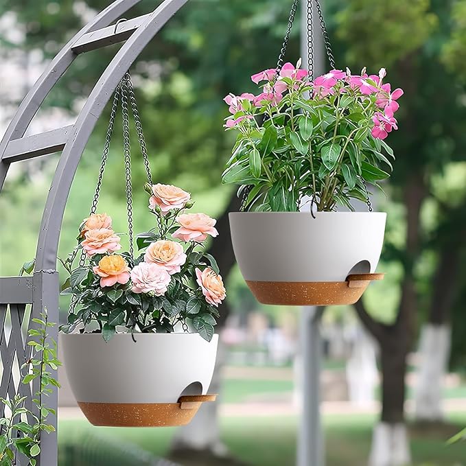 Set of 3-10 Inch Self Watering Hanging Planters for Indoor & Outdoor，Hanging Plant Pots with Drainage & Removable Tray, Hanging Pots Holder for Pothos Plant, Ferns, Balcony & Patio,White with Brown