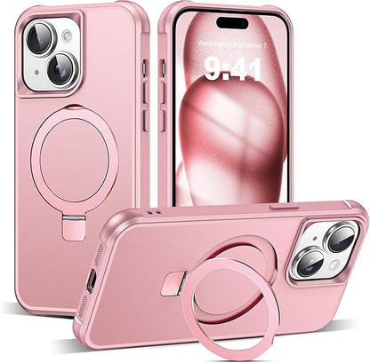 Compatible with iPhone 15 Plus Case with Invisible Magnetic O-Ring Stand Military-Grade Case for iPhone 15 Plus 6.7" [Compatible with Mag-Safe][Great Grip Feeling], Rose Gold