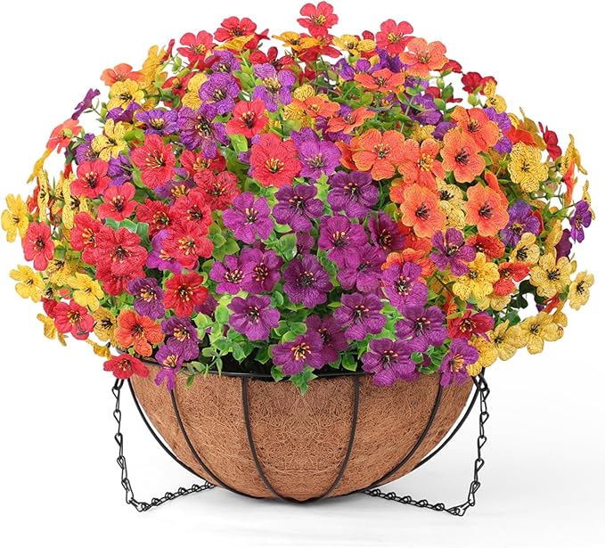 Artificial Faux Hanging Flowers Plants Basket for Outdoors Spring Summer Decoration,Hanging Planters with Silk Fake Daisy Flowers Realistic UV Resistant for Outside Balcony Patio Porch Home Multicolor