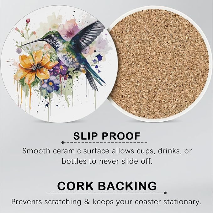 Drink Coasters for Drinks Set of 6,Watercolor Hummingbird Absorbent Round Ceramic Stone Mat Coaster,with Cork Base and Metal Holder,Home Bar Decor House Warming Gift