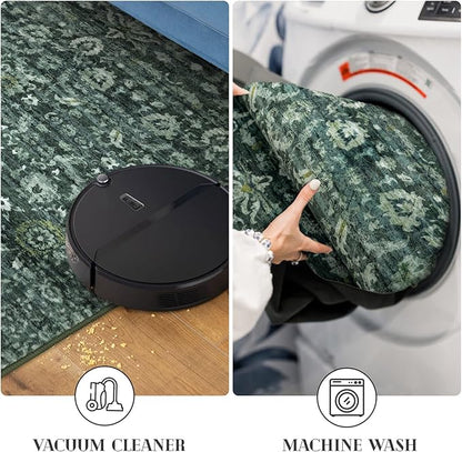 Runner Rug 2.6x10, Dark Green Washable Long Hallway Rug Runner Non-Slip Soft Kitchen Runner Thin Printed Faux Wool Super Soft Carpet for Entryway Bedroom Laundry Room Indoor Home Decor