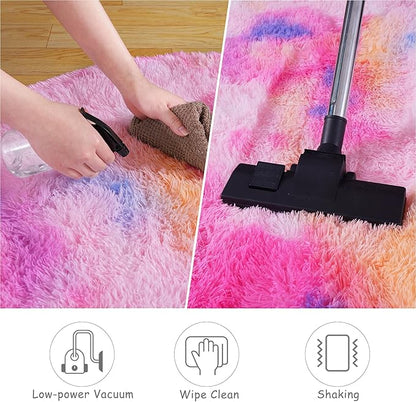 Round Fluffy Rugs 7Ft for Girls Bedroom, Dark Rainbow Shag Circle Kids Rug Non-Slip for Bedside Dorm Nursery Playroom, Soft Cute Area Rugs for Living Room Decor