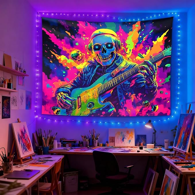 seewan Black Light Skull Guitar Tapestry, Glow-in-the-Dark UV Neon Skull Wearing Headphones Playing Music Wall Hanging, Psychedelic Rock Art Tapestry, Bedroom Dorm Living Room Background Decor