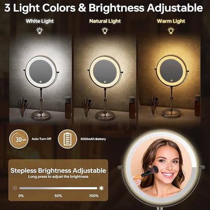 9" Lighted Makeup Mirror with with Lights and Magnification 1X/10x, 5000mAh Rechargeable Magnifying Vanity Mirror, 3 Light Colors Dimmable & Height Adjustable Mirror Gunmetal Grey