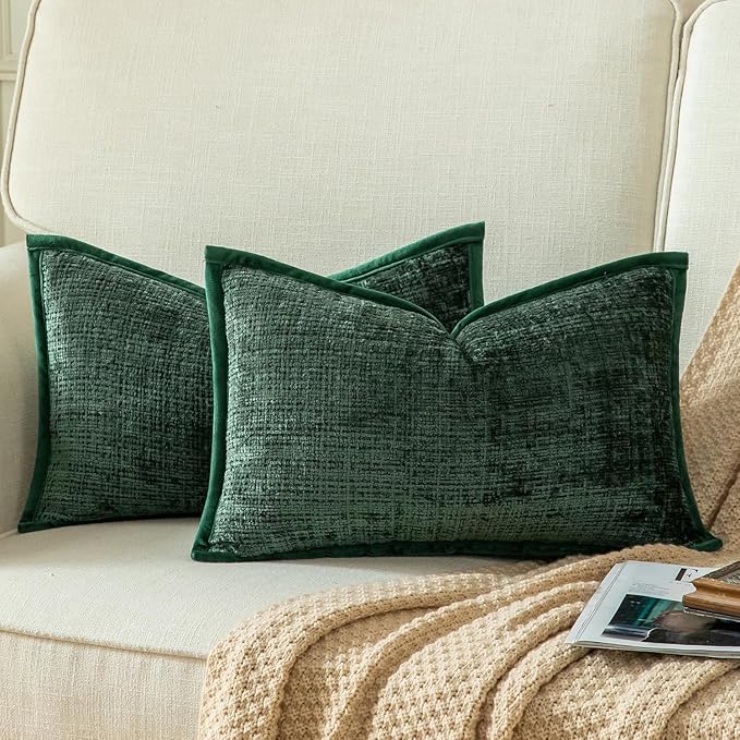Yaertun Pack of 2 Chenille Textured Decorative Throw Pillow Covers Accent Solid Cushion Cover Soft Cozy Pillow Case with Velvet Back for Couch Sofa Bed Living Room 12x20 Inch Green