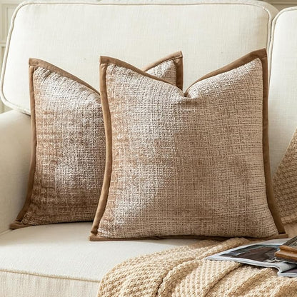 Yaertun Pack of 2 Chenille Textured Decorative Throw Pillow Covers Accent Solid Cushion Cover Soft Cozy Pillow Case with Velvet Back for Couch Sofa Bed Living Room 26x26 Inch Camel