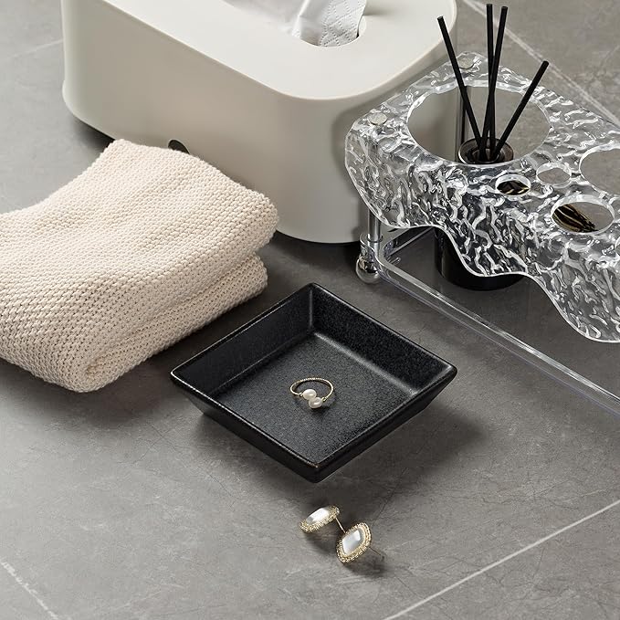 Ceramic Trinket Dish, Ring Tray, Decorative Jewelry Dish for Earrings Necklaces Watch Keys for Women (black square)