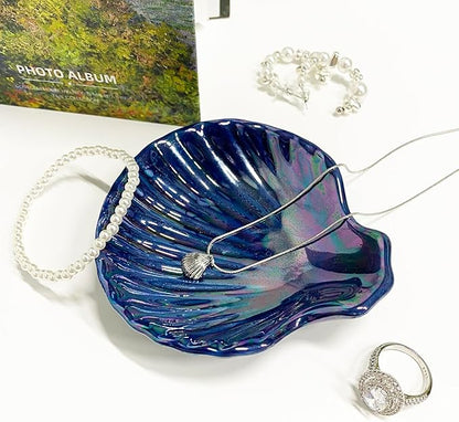 Shell Jewelry Holder Dish Aesthetic, Ceramic Seashell Trinket Dish for Women, Cute Room Decor Jewelry Plates for Earrings Ring Necklace, 3.9", Indigo Iridescent Surface