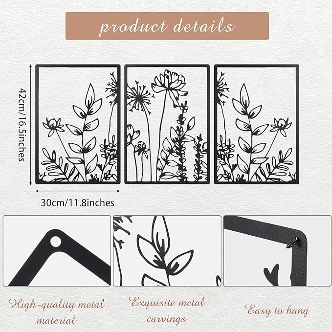 Therwen 3 Pcs Black Metal Wall Art Minimalist Wall Decor for Bedroom Flowers Decor Hanging Flower Bathroom Art Flower Line Sculpture Kitchen Decoration 16.5 x 9.8 Inch(Cute Style)