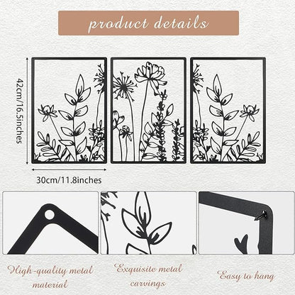 Therwen 3 Pcs Black Metal Wall Art Minimalist Wall Decor for Bedroom Flowers Decor Hanging Flower Bathroom Art Flower Line Sculpture Kitchen Decoration 16.5 x 9.8 Inch(Cute Style)