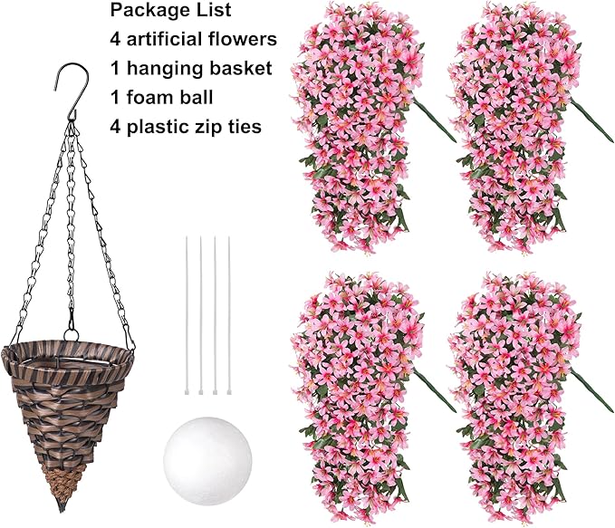Artificial Flowers Plants for Outdoor with Basket, 4PCS Silk Hanging Faux Flowers Long Trailing Vines for Outside Home Porch Patio Decoration, Pink