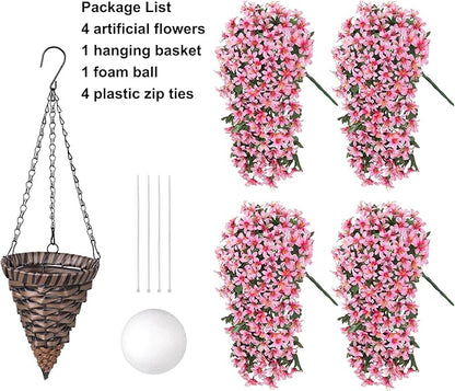 Artificial Flowers Plants for Outdoor with Basket, 4PCS Silk Hanging Faux Flowers Long Trailing Vines for Outside Home Porch Patio Decoration, Pink