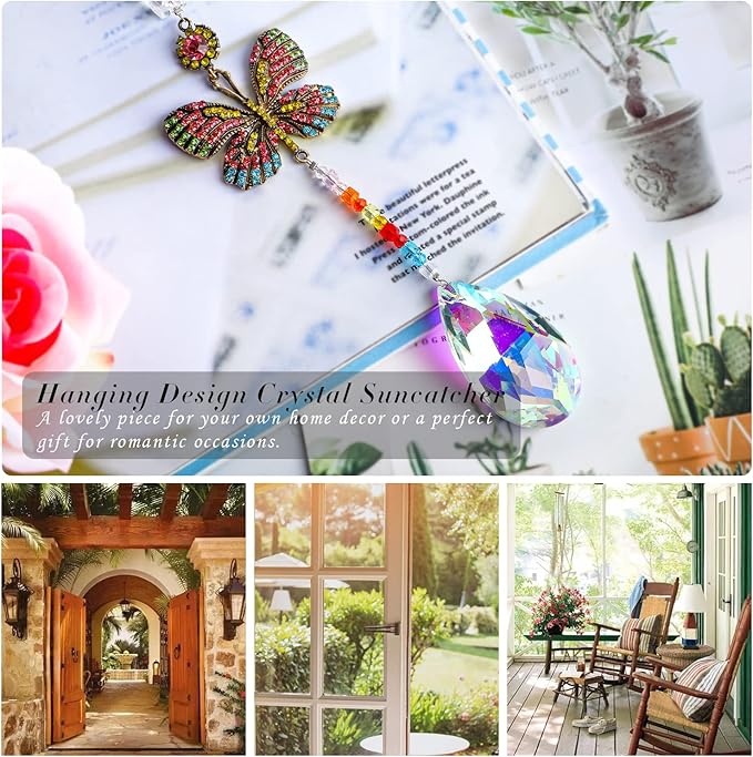Hanging Butterfly Shaped Suncatcher Crystals, Glass Teardrop Prism Rhinestones Sun Catchers, Rainbow Maker Pendant Indoor Window Home Car Decor Gift