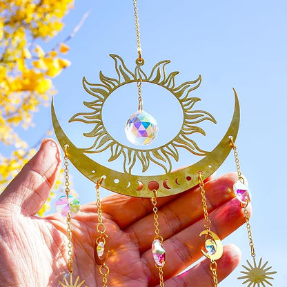 H&D HYALINE & DORA Sun and Moon Suncatcher Crystal Wind Chimes for Hanging Outdoor Indoor Glass Window Hanging Prisms for Garden Backyard Ceiling Room Decor