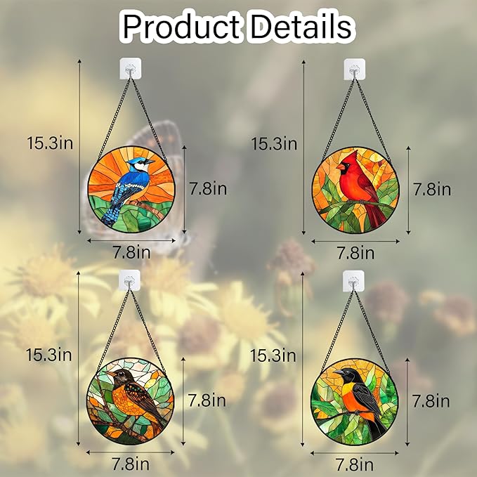 DASTOLL Stained Glass Window Hanging 4 Pcs Set Birds 7.8" - Cardinal Blue Jay Suncatcher Door Garden Sun Catcher Decor Birthday Christmas for Bird Lovers Mom Woman Nana Men