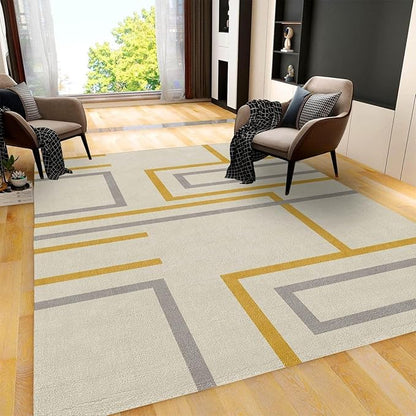 Modern Yellow and Grey Irregular Lines Area Rug, Abstract Geometric Art Rugs, Indoor Non-Slip Kids Rugs, Machine Washable Breathable Durable Carpet for Front Entrance Floor Decor,6 x 8ft