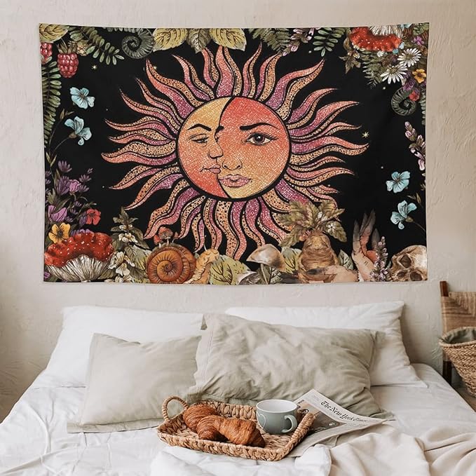Vintage Sun Tapestry,Boho Hippie Mushroom Plant Botanical Sun and Moon Art Tapestries Wall Hanging for Dorm Living Room Bedroom Decor(60"x90")