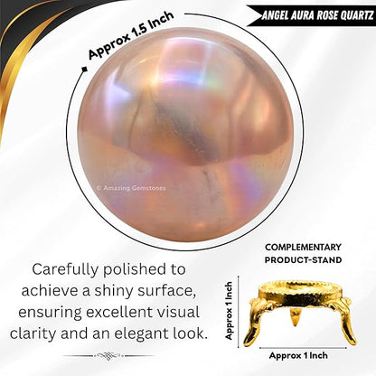 Amazing Gemstone Angel Aura Rose Quartz Crystal Ball with Stand - 1.5" Inches Crystal Sphere Meditation Balls for Witchcraft and Decorative Balls